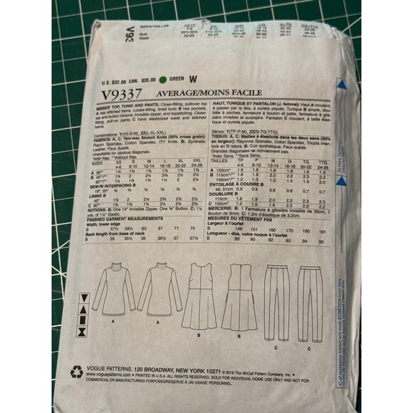 Vogue Patterns V9337 Kathryn Brenne Tunic & Pants Pattern ZZ Lrg-Xlg-Xxl - Picture 3 of 4